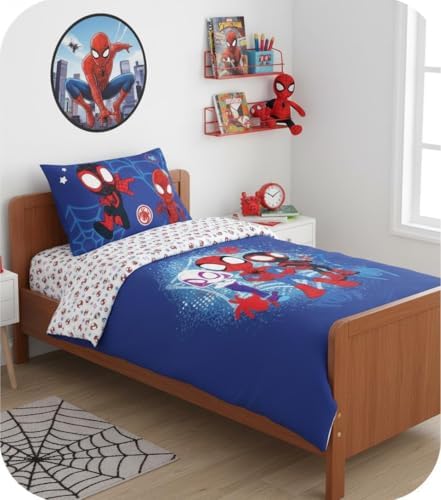 Jogo de Cama Homem-Aranha e Amigos - Solteiro | Capa de Edredom 140x200 cm e Fronha 60x65 cm | 100% Algodão | Jogo de Cama Macio e Respirável para Crianças | Estampa Colorida do Homem-Aranha e Seus Incríveis Amigos da Marvel