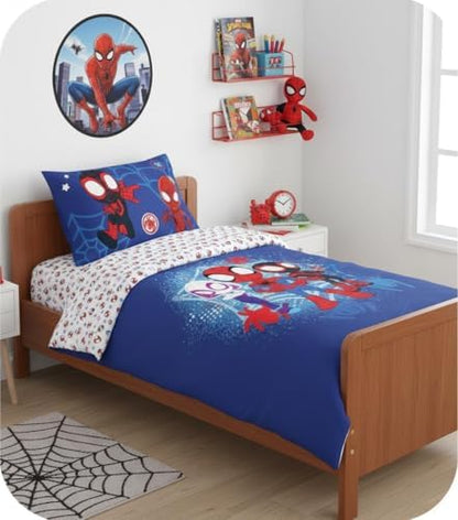 Jogo de Cama Homem-Aranha e Amigos - Solteiro | Capa de Edredom 140x200 cm e Fronha 60x65 cm | 100% Algodão | Jogo de Cama Macio e Respirável para Crianças | Estampa Colorida do Homem-Aranha e Seus Incríveis Amigos da Marvel