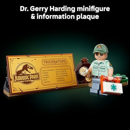 LEGO Jurassic World Fósseis de Dinossauro: Triceratops - Kit de Modelo para Exibição para Adultos com Minifigura do Dr. Gerry Harding - Decoração de Prateleira DIY - Presente para Fãs de Jurassic Park - 77985