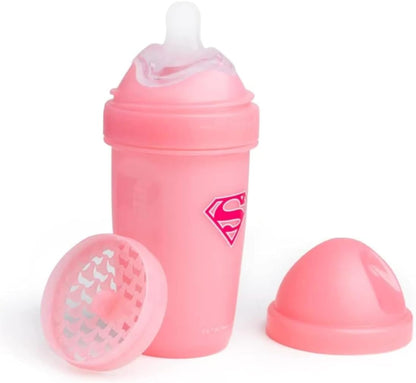 Herobility Mamadeira dupla anticólica DC Supergirl | Mamadeiras premiadas inspiradas em super-heroínas | Bico macio semelhante ao seio materno, tampa e rede para facilitar a mistura | 240ml/8,5 fl oz