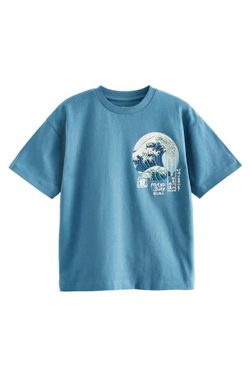 |Boy| Camiseta Estampada De Manga Curta Com Ajuste Relaxado - Teal Blue Wave Back print(3-16 anos)