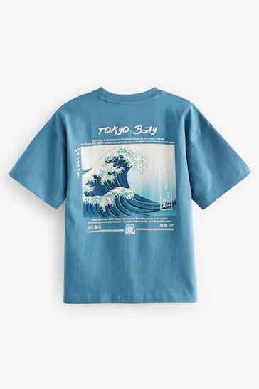 |Boy| Camiseta Estampada De Manga Curta Com Ajuste Relaxado - Teal Blue Wave Back print(3-16 anos)