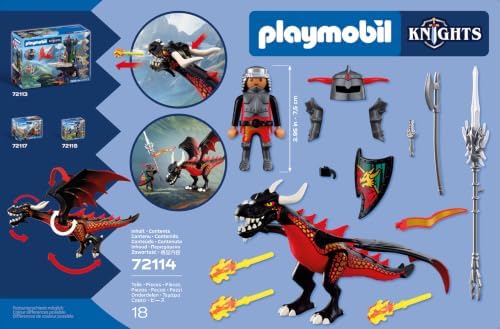 Playmobil | Cavaleiros | Dragão Negro | Grande Dragão que Cospe Fogo com Função de Disparo e Cavaleiro | Brinquedo de Dragão para Crianças a partir de 4 Anos | 72114