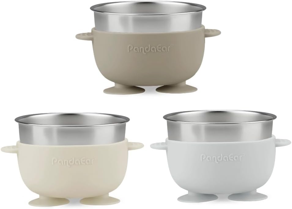 PandaEar Conjunto de 3 Tigelas de Silicone com Ventosa para Bebê, em Aço Inoxidável, com 3 Colheres, que Mantêm a Alimentação Firme, Ideais para Bebês e Crianças em Fase de Introdução Alimentar, Livres de BPA - Cor: Linho...
