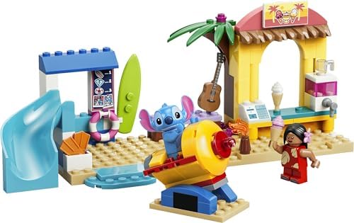 LEGO | Diversão na Praia da Disney com Lilo & Stitch - Brinquedo Educativo com 2 Lojas, Passeio de Nave Espacial e 2 Minifiguras - Conjunto Montessori - Presente de Aniversário para Meninas e Meninos a partir de 4 Anos - 43280