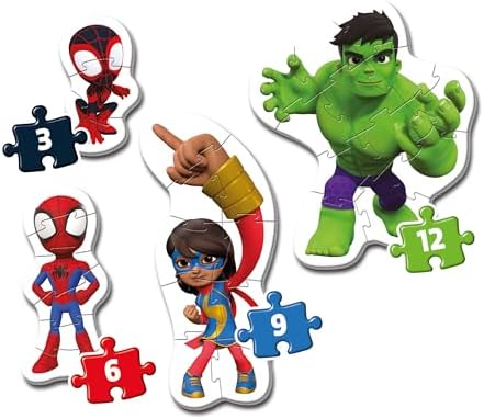 Clementoni 20836 Marvel Homem-Aranha e Seus Incríveis Amigos Quebra-cabeça de 3, 6, 9 e 12 peças - Supercolorido para crianças de 2 a 4 anos, desenho animado, formato especial, presente para meninos, quebra-cabeça infantil