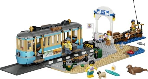 LEGO City Classic Bonde de Praia - Kit de Montagem com Trilhos, Cenário de Rua, 5 Minifiguras e 5 Figuras de Animais - Ideia de Presente de Aniversário para Meninos a partir de 7 Anos - 60506