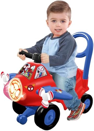 Avião de Brinquedo Interativo do Homem-Aranha e Seus Amigos - Carro do Homem-Aranha para Crianças com Luzes e Sons, Volante com Atividades, Empurre para Desenvolver Equilíbrio e Coordenação - Brinquedo para Crianças a partir de 1 Ano, Meninos e Meninas