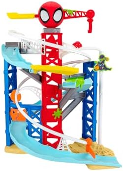 Conjunto de Pista de Construção Caótica do Homem-Aranha e Seus Incríveis Amigos da MARVEL - Pista de corrida dupla de 60 cm de altura com tirolesa, áreas de recreação e veículos exclusivos.