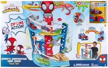 Conjunto de Pista de Construção Caótica do Homem-Aranha e Seus Incríveis Amigos da MARVEL - Pista de corrida dupla de 60 cm de altura com tirolesa, áreas de recreação e veículos exclusivos.