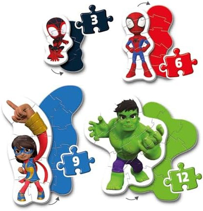 Clementoni 20836 Marvel Homem-Aranha e Seus Incríveis Amigos Quebra-cabeça de 3, 6, 9 e 12 peças - Supercolorido para crianças de 2 a 4 anos, desenho animado, formato especial, presente para meninos, quebra-cabeça infantil