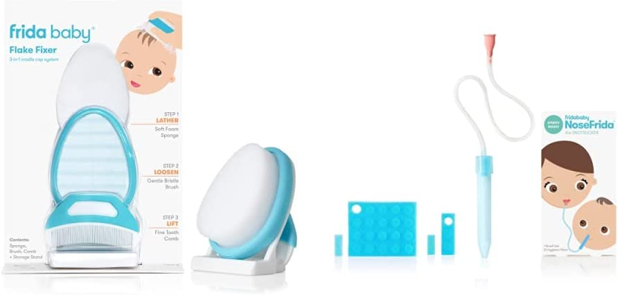 Frida Baby DermaFrida The FlakeFixer The 3-Step Cradle Cap System, White & Baby Nasal Aspirator NoseFrida The SnotSucker with 20 Extra Hygiene Filters by Frida Baby
