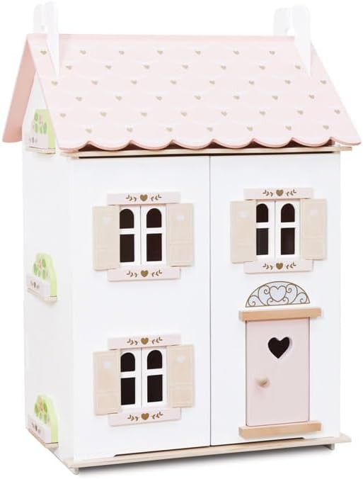 Le Toy Van – Casa de muñecas de madera con corazón rosa | Juego de casa de muñecas de madera de 3 pisos para niñas y niños, apto para mayores de 3 años