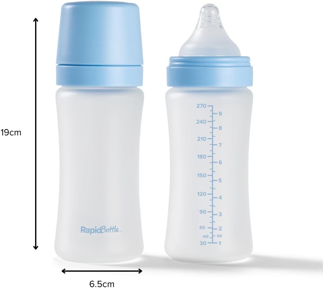 Nuby Kit com 2 Mamadeiras de Vidro Anticólicas RapidBottle - Mamadeira Rápida com Revestimento de Silicone e Bico Semelhante ao Seio Materno | Alimentação Rápida | Sem Microplásticos | Esterilização Rápida | 266ml