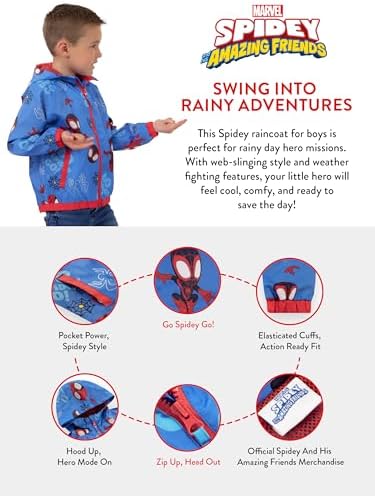 Jaqueta de chuva infantil Marvel, Homem-Aranha e seus amigos incríveis, jaqueta de chuva de super-heróis para meninos, tamanhos de 18 meses a 8 anos.