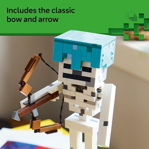 LEGO Minecraft Esqueleto - Figura com Capacete de Diamante, Arco e Flecha e Base de Grama para Decoração de Quarto Infantil - Presente Gamer para Meninos, Meninas e Fãs a partir de 10 Anos - 21594