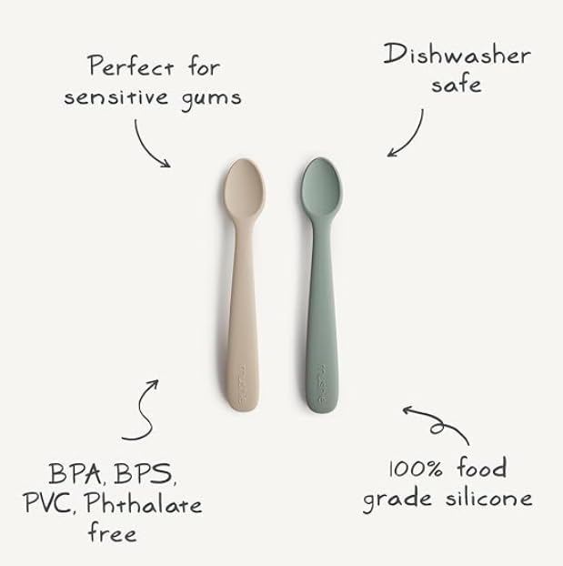 Mushie Colheres de alimentação Baby | Colheres de silicone sem BPA, pacote com 2 | Utensílios duráveis para bebês e crianças pequenas, próprios para lava-louças | Cor marfim