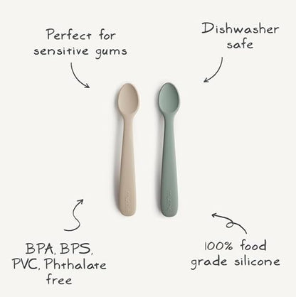 Mushie Colheres de alimentação Baby | Colheres de silicone sem BPA, pacote com 2 | Utensílios duráveis para bebês e crianças pequenas, próprios para lava-louças | Cor marfim
