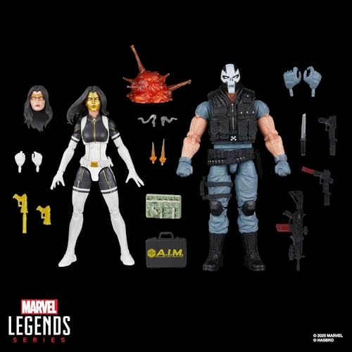 Figuras de ação da Madame Máscara e Ossos Cruzados da série Marvel Legends, nas cores dourada, preta e vermelha.