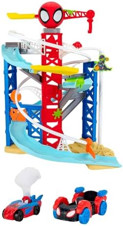 Conjunto de Pista de Construção Caótica do Homem-Aranha e Seus Incríveis Amigos da MARVEL - Pista de corrida dupla de 60 cm de altura com tirolesa, áreas de recreação e veículos exclusivos.