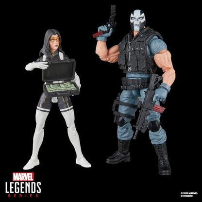 Figuras de ação da Madame Máscara e Ossos Cruzados da série Marvel Legends, nas cores dourada, preta e vermelha.