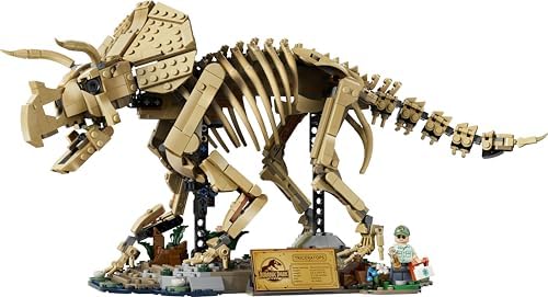 LEGO Jurassic World Fósseis de Dinossauro: Triceratops - Kit de Modelo para Exibição para Adultos com Minifigura do Dr. Gerry Harding - Decoração de Prateleira DIY - Presente para Fãs de Jurassic Park - 77985