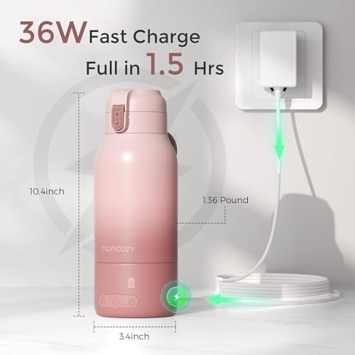 Aquecedor de Mamadeiras Portátil Momcozy para Viagem – Modos de Aquecimento Duplos para Leite Materno e Água, Aquecedor de Leite Portátil com Aquecimento Rápido e Bateria de Longa Duração, Grande Capacidade de 500 ml, Rosa