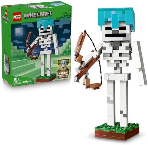 LEGO Minecraft Esqueleto - Figura com Capacete de Diamante, Arco e Flecha e Base de Grama para Decoração de Quarto Infantil - Presente Gamer para Meninos, Meninas e Fãs a partir de 10 Anos - 21594
