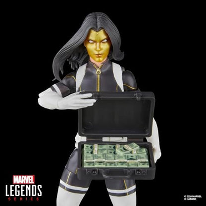 Figuras de ação da Madame Máscara e Ossos Cruzados da série Marvel Legends, nas cores dourada, preta e vermelha.