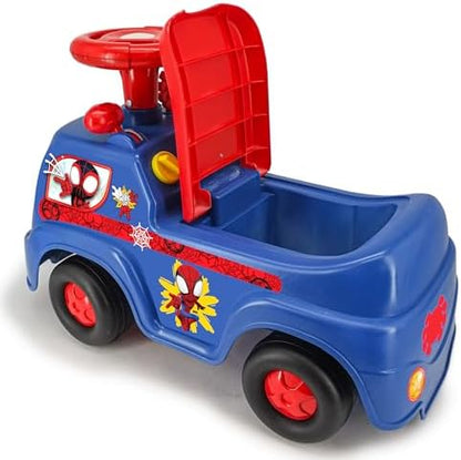 Carrinho de passeio interativo do Homem-Aranha e seus amigos Carro do Homem-Aranha para crianças com luzes e sons atividades no painel empurrar para desenvolver equilíbrio coordenação Brinquedo de passeio para crianças a partir de 1 ano meninos e meninas