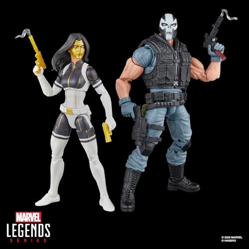 Figuras de ação da Madame Máscara e Ossos Cruzados da série Marvel Legends, nas cores dourada, preta e vermelha.