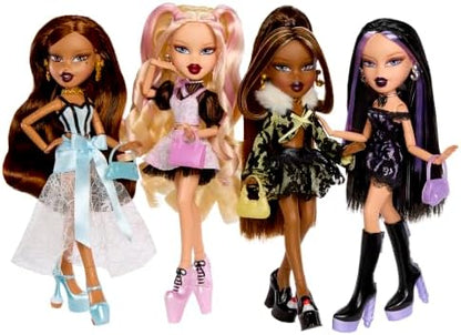 Bratz Boneca Stylin’ Birthdayz – Cloe com roupa de festa em camadas (incluindo camiseta unissex tamanho GG), salto alto e bolsa rosa, camiseta com estampa gráfica, embalagem com tema de aniversário – Coleção Stylin’ Birthdayz