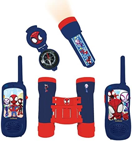 LEXIBOOK, Homem-Aranha e Seus Incríveis Amigos, Conjunto completo de aventuras para crianças, walkie-talkies de 120m, binóculos, lanterna, bússola (vermelha/azul), RPTW11SP
