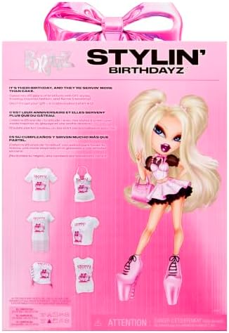 Bratz Boneca Stylin’ Birthdayz – Cloe com roupa de festa em camadas (incluindo camiseta unissex tamanho GG), salto alto e bolsa rosa, camiseta com estampa gráfica, embalagem com tema de aniversário – Coleção Stylin’ Birthdayz