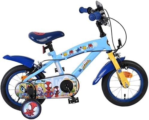 Bicicleta infantil Volare Marvel Homem-Aranha e Amigos Incríveis | Idade 3-5 anos | Roda de 12 polegadas | 2 freios de mão (dianteiro e traseiro), rodinhas de apoio removíveis e refletores nos pedais | Selim ajustável | Presente para meninos e meninas