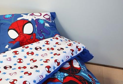 Jogo de Cama Homem-Aranha e Amigos - Solteiro | Capa de Edredom 140x200 cm e Fronha 60x65 cm | 100% Algodão | Jogo de Cama Macio e Respirável para Crianças | Estampa Colorida do Homem-Aranha e Seus Incríveis Amigos da Marvel
