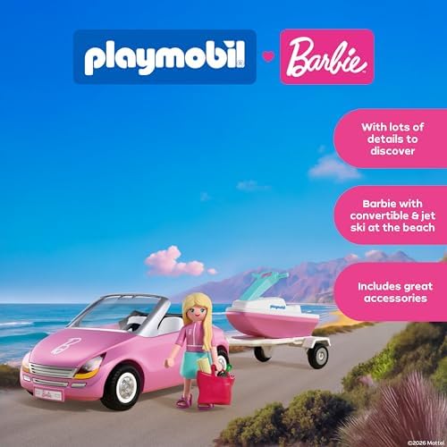 Playmobil | Barbie | Conversível | Carro Conversível com Reboque e Jet Ski | Aventura de Verão com a Barbie na Costa de Malibu | Diversão com Veículo e na Água | Conjunto Criativo para Crianças a partir de 4 Anos | 72123