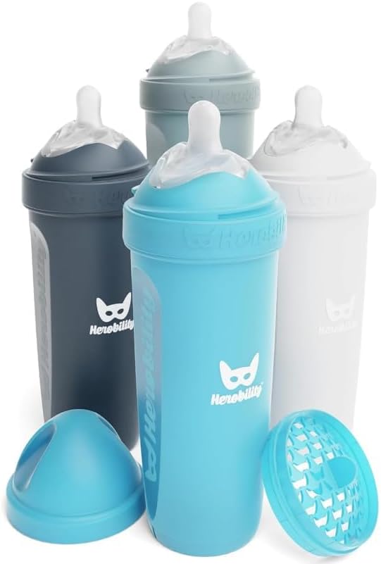 Herobility Mamadeiras anticólicas 340ml - Pacote com 4 mamadeiras de plástico, fluxo lento, bico em formato de seio para bebês amamentados - Multicores: branco, cinza, azul-ferro e azul