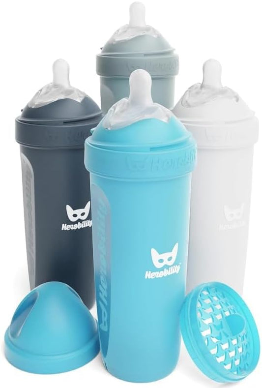 Herobility Mamadeiras anticólicas 340ml - Pacote com 4 mamadeiras de plástico, fluxo lento, bico em formato de seio para bebês amamentados - Multicores: branco, cinza, azul-ferro e azul