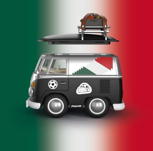 PLAYMOBIL | Volkswagen | Volkswagen T1 Camper Edição MEX | Camper retrô com equipamentos esportivos, bagageiro de teto e cartela de adesivos | Para crianças a partir de 4 anos | 72315