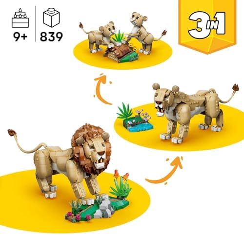 LEGO Creator 3 em 1 Animais Selvagens: Leão Majestoso de Brinquedo - Figura de Animal que se Transforma em uma Leoa ou 2 Filhotes - Decoração DIY para Quarto Infantil - Presente de Aniversário para Meninas e Meninos a partir de 9 Anos - 31386