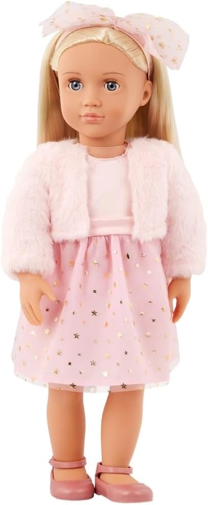 Nossa boneca fashion G Miranda de 45 cm com vestido rosa com estampa de estrelas, jaqueta de pelúcia, laço de cabelo e sapatos.