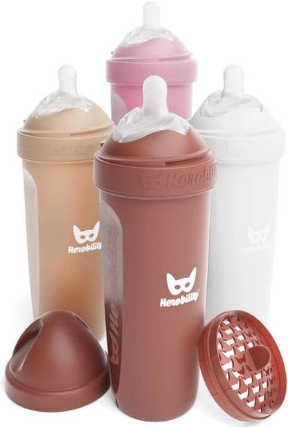Herobility Mamadeiras anticólicas 340ml - Pacote com 4 mamadeiras de plástico, fluxo lento, bico para amamentação - Multicores: areia, marmota, rosa e branca