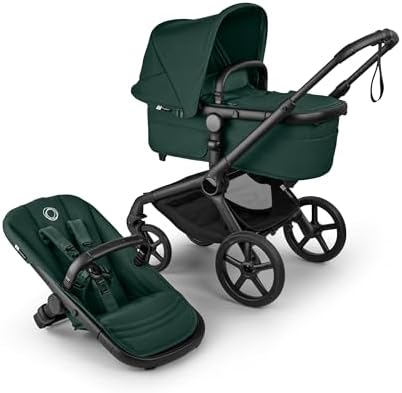 Bugaboo Carrinho de Bebê Fox 5 Renew All-Terrain, 2 em 1, com Suspensão Total, Fácil de Dobrar, Assento Extensível para Crianças, Manobrabilidade com Uma Só Mão, Chassi Preto e Capota Verde Samambaia