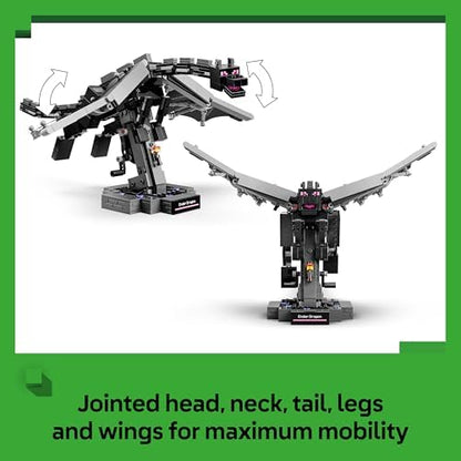LEGO Minecraft Ender Dragon - Figura Interativa com Asas Metalizadas que Batem e Suporte para Portal de Saída, Ideal para Decoração de Quarto Infantil - Presente Perfeito para Meninos, Meninas e Fãs a partir de 10 Anos - 21595