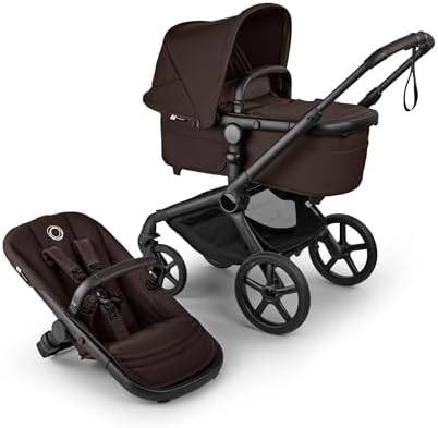 Bugaboo Carrinho de Bebê Fox 5 Renew All-Terrain, 2 em 1, com Suspensão Total, Fácil de Dobrar, Assento Extensível para Crianças, Manobrabilidade com Uma Só Mão, Chassi Preto e Capota Marrom Cacau