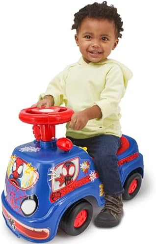 Carrinho de passeio interativo do Homem-Aranha e seus amigos Carro do Homem-Aranha para crianças com luzes e sons atividades no painel empurrar para desenvolver equilíbrio coordenação Brinquedo de passeio para crianças a partir de 1 ano meninos e meninas