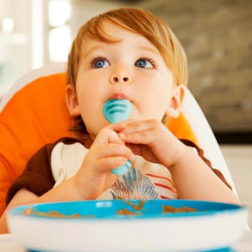 Colheres de Introdução Alimentar em Estágios Munchkin Gentle Dip | Para Bebês a partir de 4 Meses | Ideal para Baby-Led Weaning (BLW) | Design Ergonômico | Livre de BPA | Azul e Verde | Kit com 3