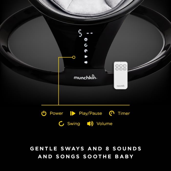 Munchkin Balanço elétrico para bebês | Cadeira de balanço e balanço para bebês com Bluetooth, balanço para bebês com balanço natural em 5 velocidades e controle remoto, Balanço para bebês Munchkin com estrutura de porta de brincar e pula-pula