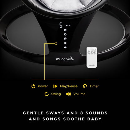 Munchkin Balanço elétrico para bebês | Cadeira de balanço e balanço para bebês com Bluetooth, balanço para bebês com balanço natural em 5 velocidades e controle remoto, Balanço para bebês Munchkin com estrutura de porta de brincar e pula-pula